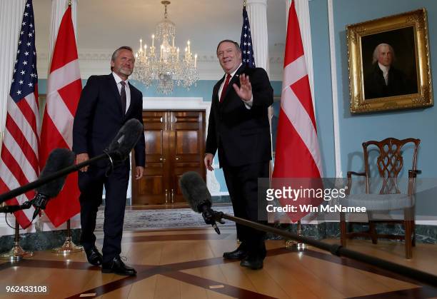 Secretry of State Mike Pompeo greets Danish Foreign Minister Anders Samuelsen at the State Departement May 25, 2018 in Washington, DC. Pompeo and...