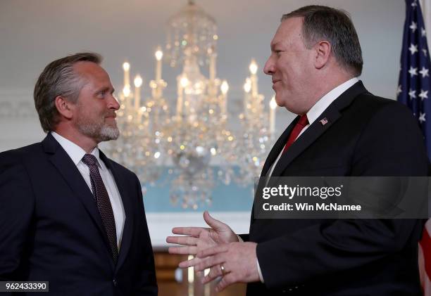 Secretry of State Mike Pompeo greets Danish Foreign Minister Anders Samuelsen at the State Departement May 25, 2018 in Washington, DC. Pompeo and...