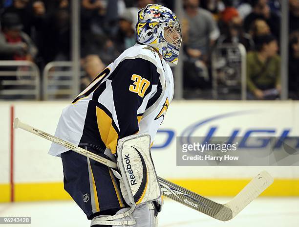 Ryan Miller of the Buffalo Sabres in goal against the Los Angeles Kings during the game at the Staples Center on January 21, 2010 in Los Angeles,...