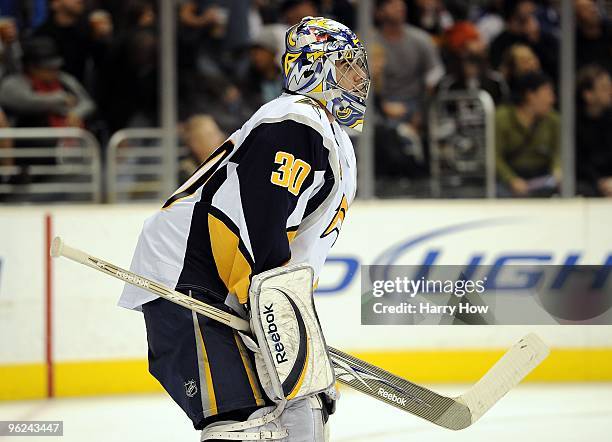 Ryan Miller of the Buffalo Sabres in goal against the Los Angeles Kings during the game at the Staples Center on January 21, 2010 in Los Angeles,...