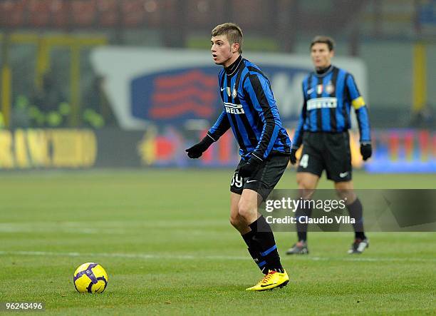 Davide Santon of FC Internazionale Milano looks on during the Tim Cup match between Inter and Juventus at Stadio Giuseppe Meazza on January 28, 2010...