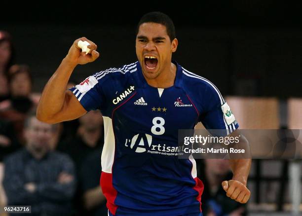 Daniel Narcisse of France celebrates during the Men's Handball European main round Group II match between Poland and France at the Olympia Hall on...