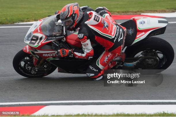 Jordi Torres of Spain and MV Augusta Reparto Corse rounds the bend during the Motul FIM Superbike World Championship - Free Practice at Donington...