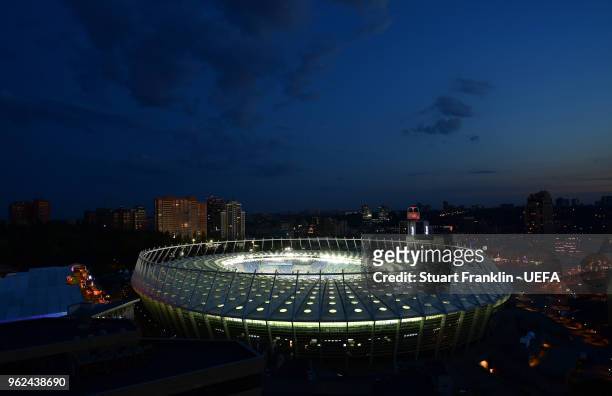 General view of the NSC Olimpiyskiy stadium prior to the UEFA Champions League final between Real Madrid and Liverpool on May 25, 2018 in Kiev,...