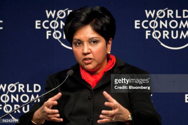 Indra Nooyi, chairman and chief executive officer of PepsiCo Inc., participates in a panel discussion on state leadership during day two of the 2010...