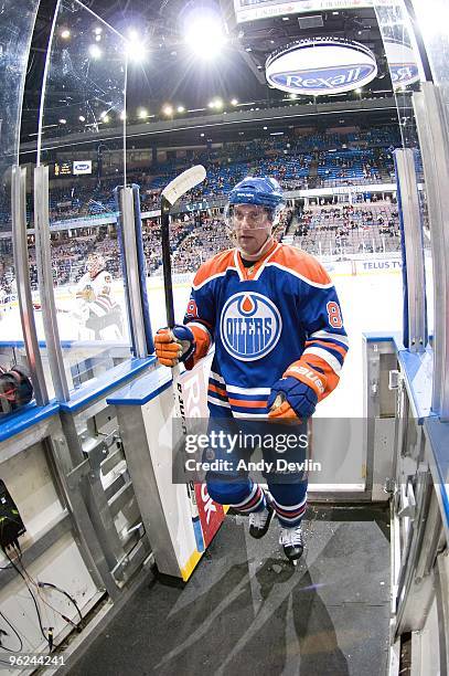 Sam Gagner of the Edmonton Oilers steps off the ice after warming up before a game against the Chicago Blackhawks at Rexall Place on January 26, 2010...