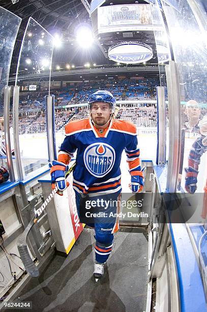 Robert Nilsson of the Edmonton Oilers steps off the ice after warming up before a game against the Chicago Blackhawks at Rexall Place on January 26,...