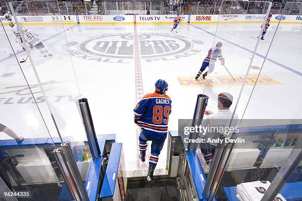 Sam Gagner of the Edmonton Oilers steps on to the ice to warm-up before a game against the Chicago Blackhawks at Rexall Place on January 26, 2010 in...