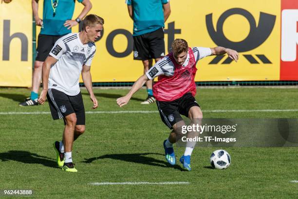 Nils Petersen of Germany and Timo Werner of Germany battle for the ball during the Southern Tyrol Training Camp day three on May 25, 2018 in Eppan,...