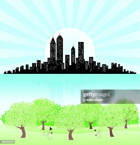 summer,spring,city skyline and park with shining sun, pond - springtime home inside stock illustrations