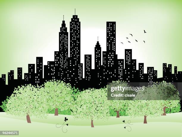 stockillustraties, clipart, cartoons en iconen met green summer,spring city skyline silhouette, park,trees illustration - looking through a window
