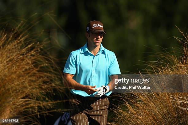 Joe Affrunti of the USA walks up to the 14th tee during day two of the New Zealand Open at The Hills Golf Club on January 29, 2010 in Queenstown, New...