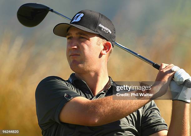 Kevin Chappell of the USA tees off on the 14th during day two of the New Zealand Open at The Hills Golf Club on January 29, 2010 in Queenstown, New...