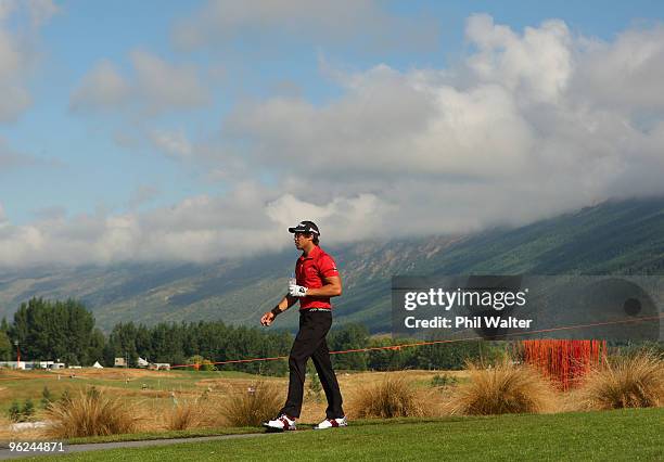 Gary-John Hill of New Zealand walks down the 14th during day two of the New Zealand Open at The Hills Golf Club on January 29, 2010 in Queenstown,...