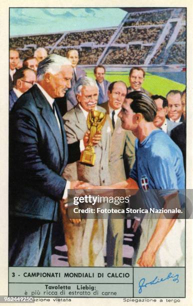 World Champion was Italy, second place Hungary. France, Paris, June 19, 1938. Photoengraving, Liebig from the series: 'World soccer championship',...