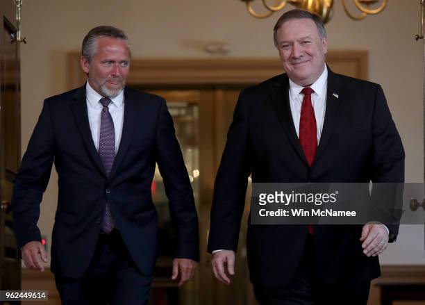 Secretry of State Mike Pompeo escorts Danish Foreign Minister Anders Samuelsen prior to a meeting at the State Departement May 25, 2018 in...