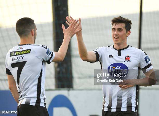 Louth , Ireland - 25 May 2018; Jamie McGrath of Dundalk, right, is congratulated by team-mate Michael Duffy after scoring his side's third goal...