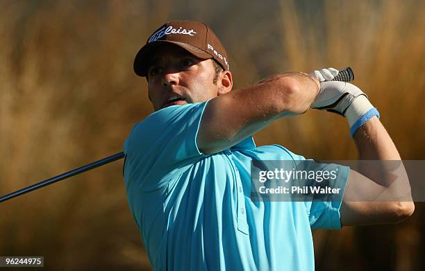 Joe Affrunti of the USA tees off on the 14th hole during day two of the New Zealand Open at The Hills Golf Club on January 29, 2010 in Queenstown,...