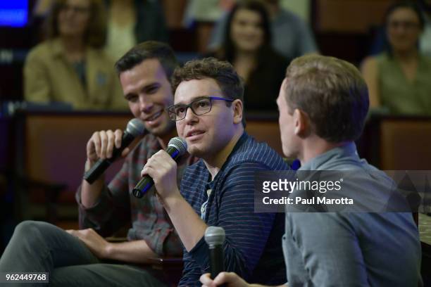 Jon Favreau, Jon Lovett and Tommy Vietor, hosts of 'Pod Save America" are joined by Senator Elizabeth Warren for a forum on civic engagement at the...
