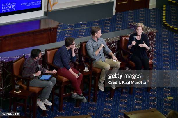 Jon Favreau, Jon Lovett and Tommy Vietor, hosts of 'Pod Save America" are joined by Senator Elizabeth Warren for a forum on civic engagement at the...