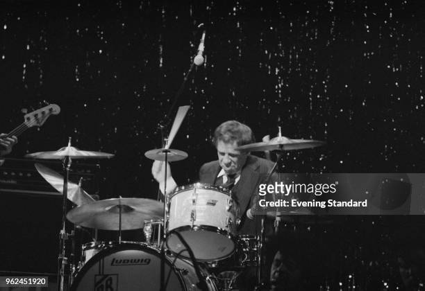 American jazz drummer and bandleader Buddy Rich performing with Sammy Davis Jr , UK, 27th October 1978.