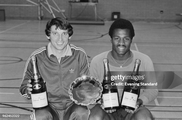 Jamaican-English soccer player Luther Blissett of Watford FC celebrating being voted as the 'Footballer of the Month' by The Evening Standard with...