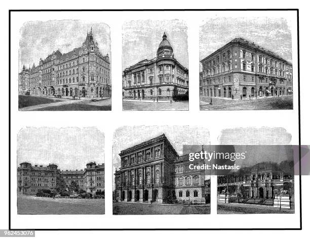 budapest buildings - street budapest stock illustrations
