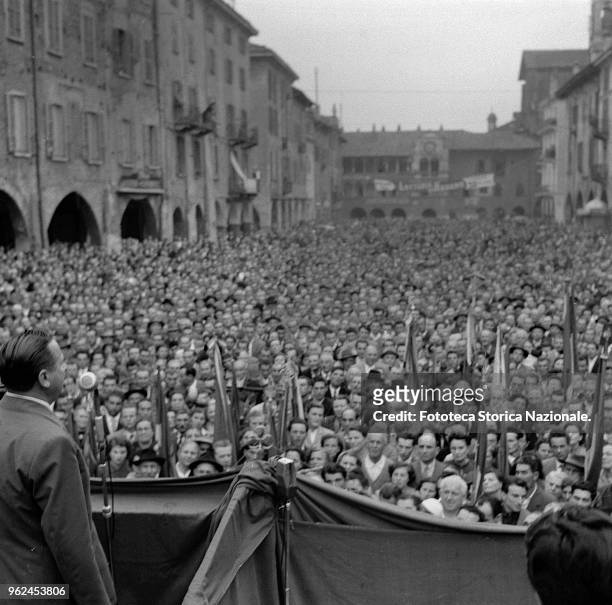 Workers in the square attend the ceremony for the 60th anniversary of the founding of the Chamber of Labor of Pavia, in the presence of Giuseppe Di...