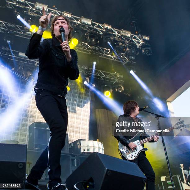 Bjorn Dixgard and Carl-Johan Fogelklou of Mando Diao perform in concert at Grona Lund on May 25, 2018 in Stockholm, Sweden.
