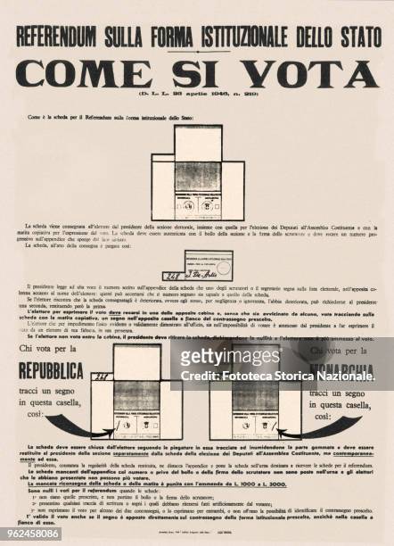 Referendum explanatory poster on how to vote for the institutional Referendum for the alternative between Republic and Monarchy. 'How to vote',...