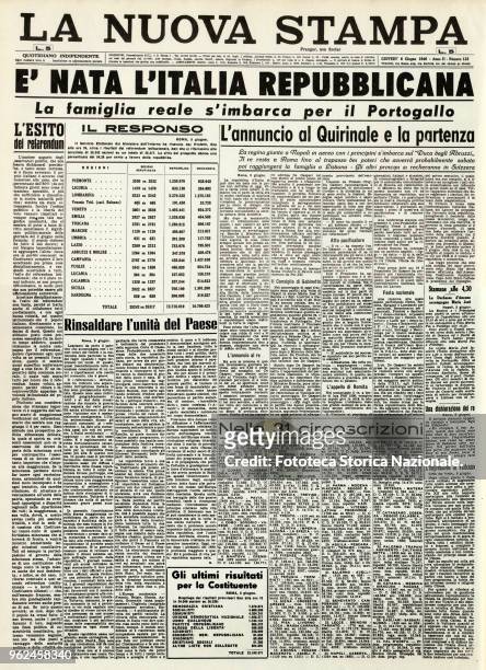 Republican Italy was born. Front page of 'La Nuova Stampa' which reports the results of the referendum. Other titles: 'The royal family embarks for...