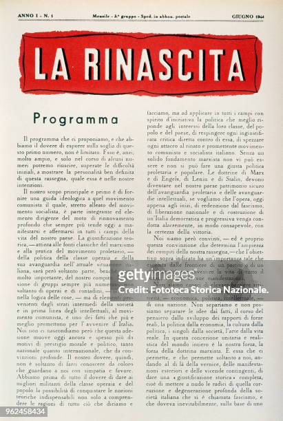 Cover of the monthly La Rinascita, magazine of political and cultural Italian directed by Palmiro Togliatti. Year I, No. 1, Italy, Salerno, June 1944.