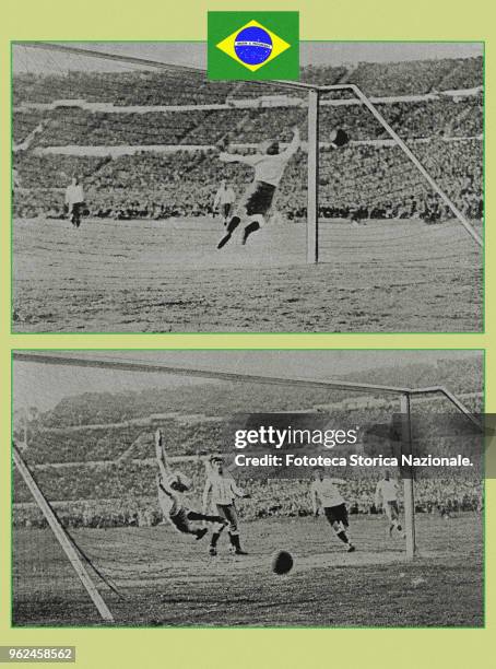 Commemorative postcard depicting the two goals with which the team of Uruguay won the Rimet Cup, against the Brazil, on July 16, 1950....