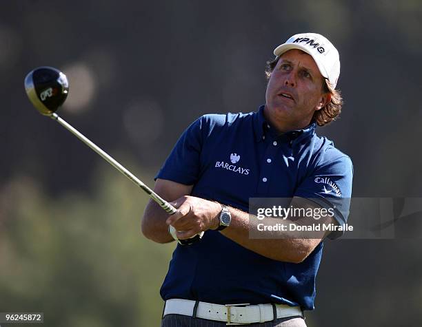 Phil Mickelson tees off the 18th hole during the first round of the 2010 Farmers Insurance Open on January 28, 2010 at Torrey Pines Golf Course in La...