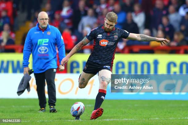 Sam Tomkins of Wigan Warriors kicks a conversion during the Betfred Super League at KCOM Craven Park on May 25, 2018 in Hull, England.