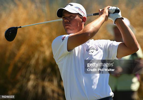 Phil Tataurangi of New Zealand tees off on the 14th hole during day two of the New Zealand Open at The Hills Golf Club on January 29, 2010 in...