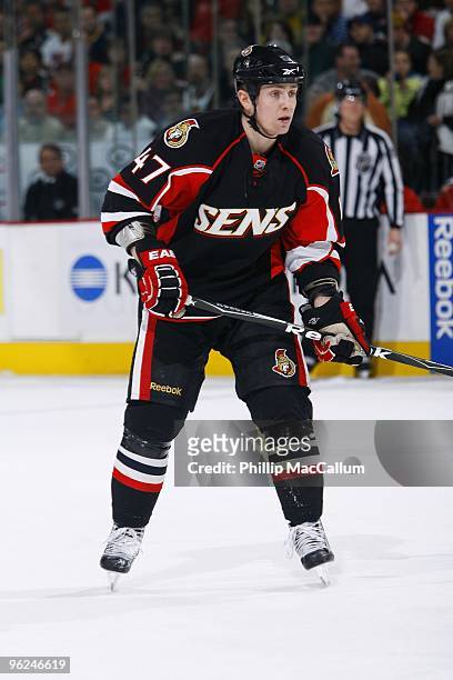 Zack Smith of the Ottawa Senators skates against the St. Louis Blues in a game at Scotiabank Place on January 21, 2010 in Ottawa, Canada.