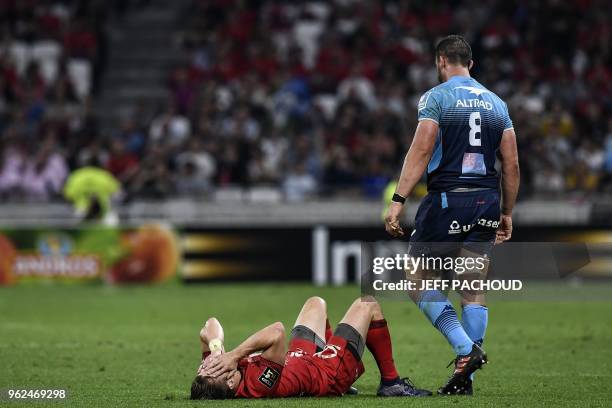 Lyon's player reacts after being defeated at the end of the French Top 14 union semi-final rugby match between Montpellier and Lyon on May 25, 2018...