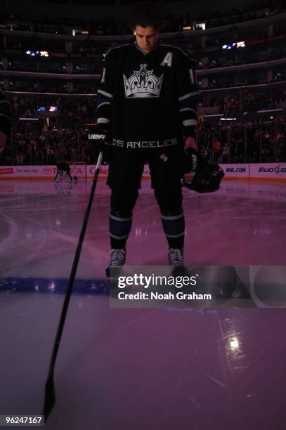 Anze Kopitar of the Los Angeles Kings stands on the ice prior to the game against the Boston Bruins on January 16, 2010 at Staples Center in Los...