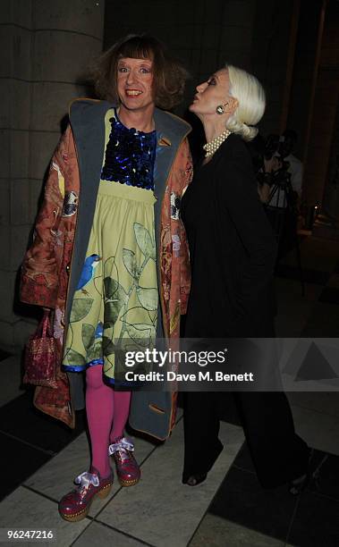 Grayson Perry and Carmen Dell'Orefice attend the London College of Fashion Show at the Victoria & Albert Museum on January 28, 2010 in London,...