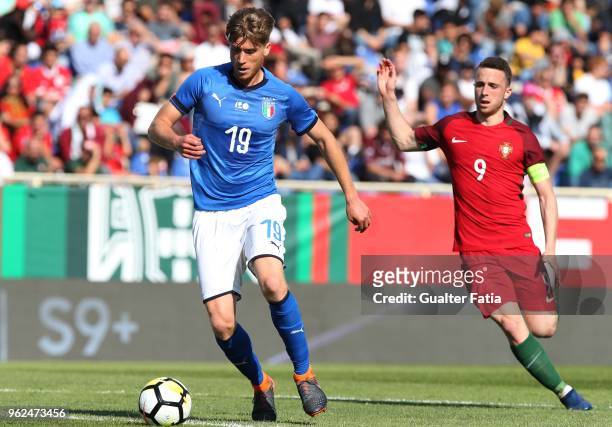 Italy and Cagliari defender Filippo Romagna with Portugal and Wolverhampton Wanderers forward Diogo Jota in action during the U21 International...