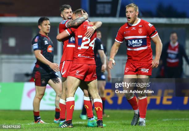 Hull KR celebrate Chris Atkin try during the Betfred Super League at KCOM Craven Park on May 25, 2018 in Hull, England.