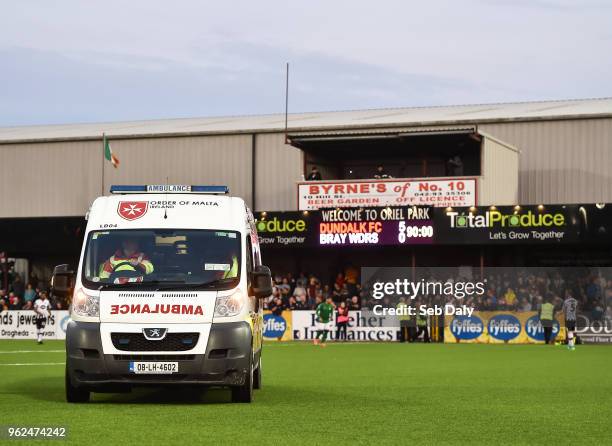 Louth , Ireland - 25 May 2018; An ambulance leaves the field following an injury to Andrew McGovern of Bray Wanderers during the SSE Airtricity...