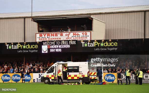 Louth , Ireland - 25 May 2018; A general view of an ambulance on the field following an injury to Andrew McGovern of Bray Wanderers during the SSE...