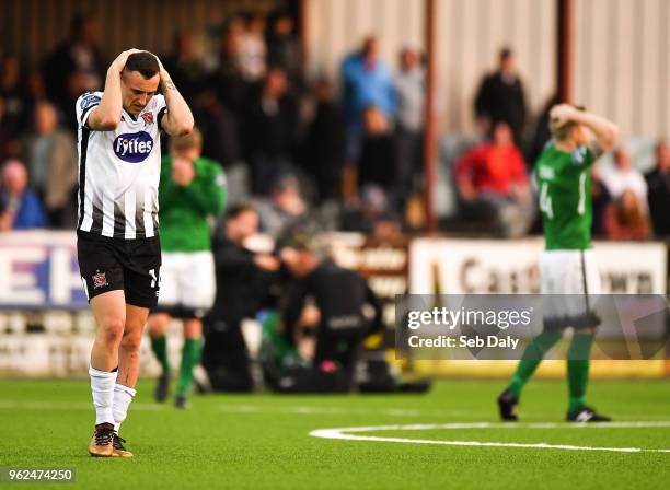 Louth , Ireland - 25 May 2018; Dylan Connolly of Dundalk reacts following an injury to Andrew McGovern of Bray Wanderers during the SSE Airtricity...