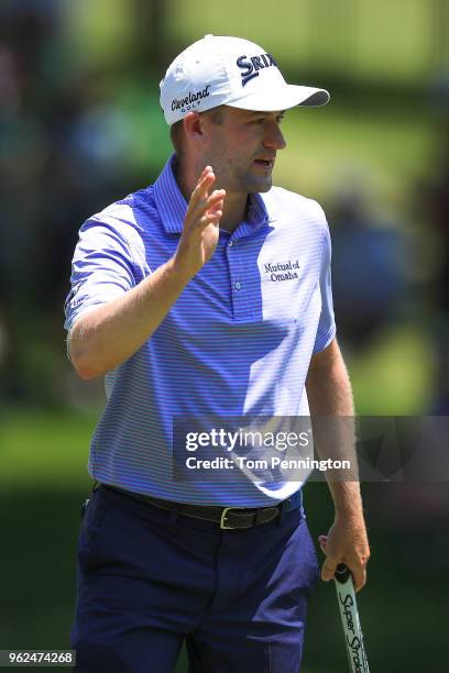 Russell Knox of Scotland reacts on the fifth green during round two of the Fort Worth Invitational at Colonial Country Club on May 25, 2018 in Fort...