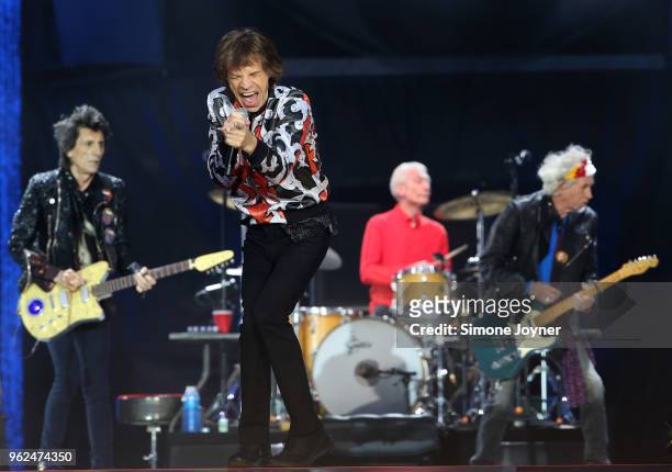 Ronnie Wood, Mick Jagger, Charlie Watts and Keith Richards of The Rolling Stones perform live on stage during the 'No Filter' tour at The London...