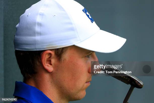 Jordan Spieth looks on from the eighth green during round two of the Fort Worth Invitational at Colonial Country Club on May 25, 2018 in Fort Worth,...