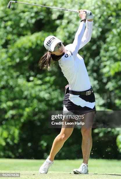 Minjee Lee from China hits her tee shot on the 7th hole during round two of the LPGA Volvik Championship at Travis Pointe County Club on May 25, 2018...