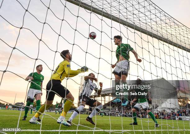 Louth , Ireland - 25 May 2018; Drogos Mamaliga of Bray Wanderers clears the ball off the line during the SSE Airtricity League Premier Division match...